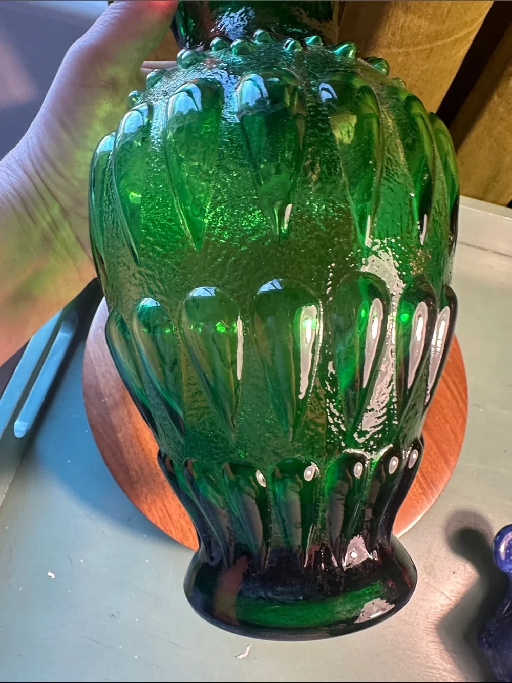 VTG Green Pressed Glass Beaded Vase 10 1/2” High